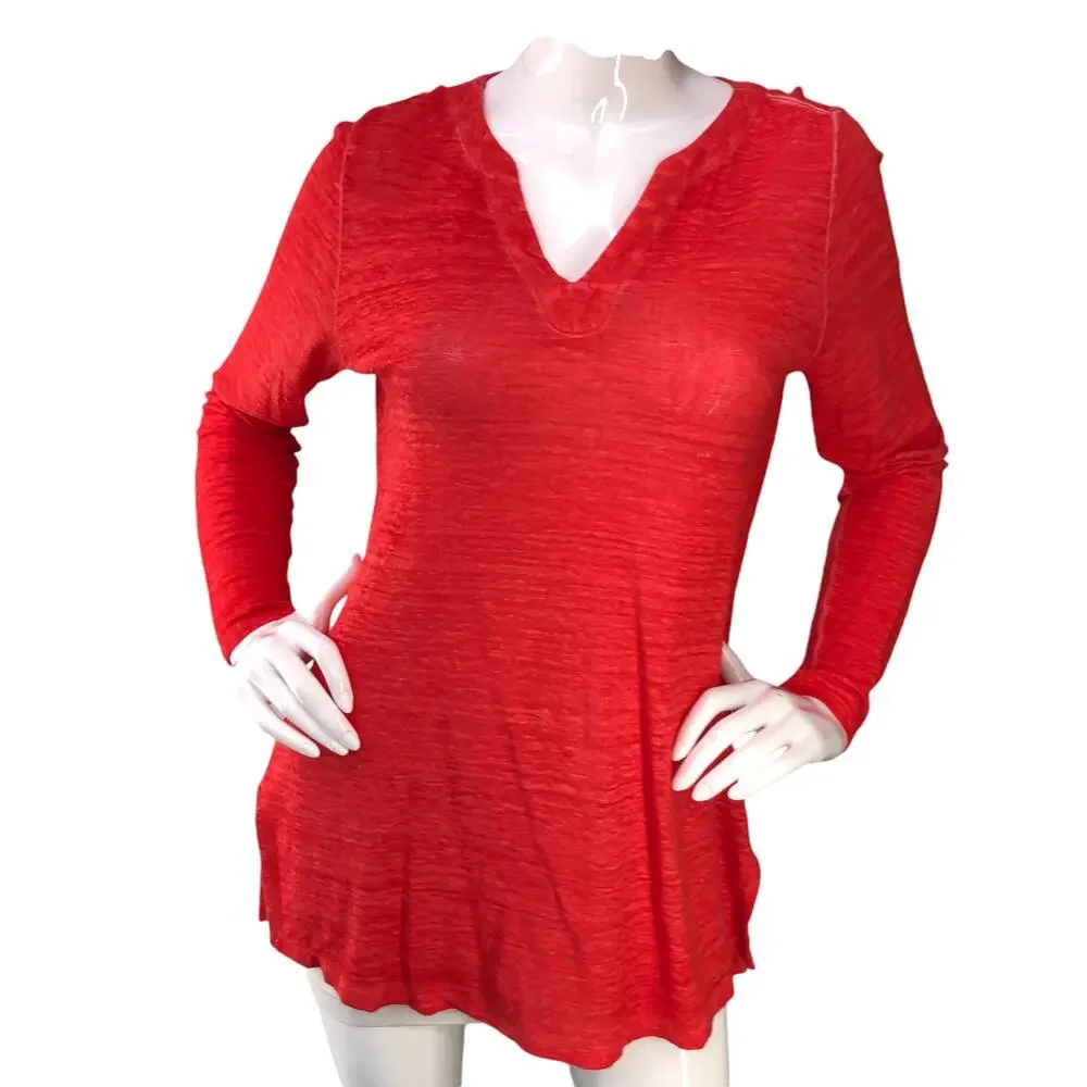 Chicos Womens Size 0 US S Linen Slplit Neck Tunic Top Soft Knit Garment Dyed Red